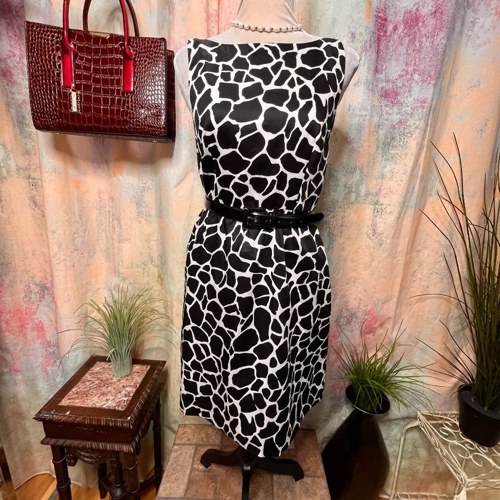 📌Ann Taylor Cotton Animal Print Black & White Sleeveless A-Line Dress